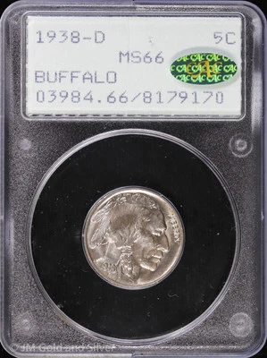 1938 D 5C Buffalo Nickel PCGS MS 66 CAC | Rattler Holder UNC BU - Image 1 of 4
