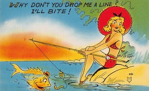 Vintage ORIGINAL Funny Humor Exaggerated Comedy Fishing Linen Postcard 1930's - Picture 1 of 2