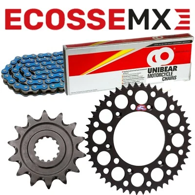 Cadena de alta resistencia Husqvarna FE450 Unibear azul y kit de piñón negro Renthal Foto 1 de 4