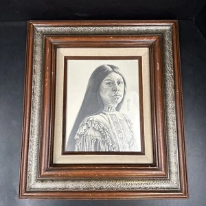 Regalia de arte vintage Papendieck dibujo original mujeres nativas americanas enmarcada - Imagen 1 de 9