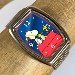 Vintage Peanuts Snoopy Unisex Adults Watch Black Band 72pnh00039 Blue Red Face