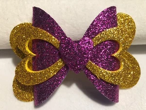 VALENTINE HEART 3 LAYER HAIR BOW, GOLD AND PURPLE, 3.5" X 2"HOMEMADE - Picture 1 of 3