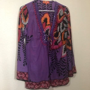 Hale Bob Cabana Womens Small Tunic Boho Top Blouse Multicolor Sheer Floral - Picture 1 of 10