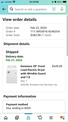 Kenmore 60222 29" White Front Load Electric Dryer NOB #120701 - Image 1 of 4