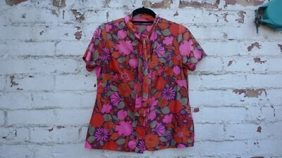 Vintage 1960s 1970s Psychedelic Flower Power Blouse With Pussy Bow UK 8/10 - Image 1 of 4