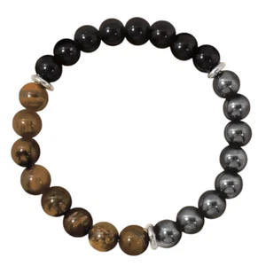 Bracciale Tripla Protezione Pietre dure Occhio di Tigre perle Nero da Uomo Donna - Foto 1 di 6