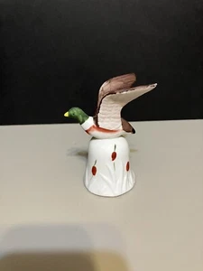 Flying Mallard Duck Bisque Bell with Red Tulip Trim - Vintage Small  - Picture 1 of 6