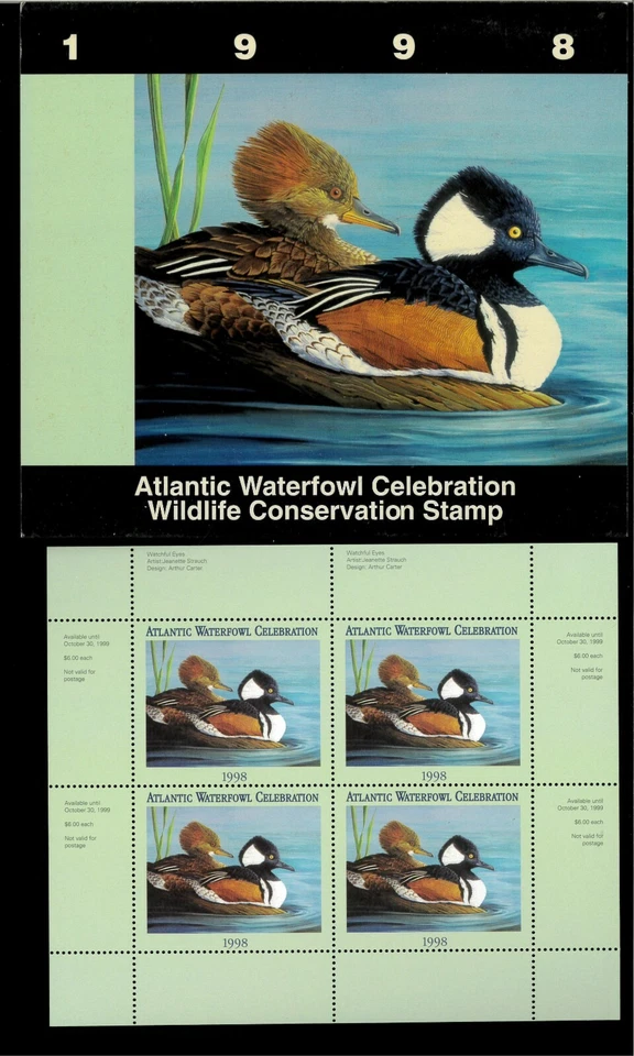 ATLANTIC WATERFOWL #4M 1998 HOODED MERGANSERS CONSERVATION MINI SHEET  IN FOLDER - Image 1 of 1