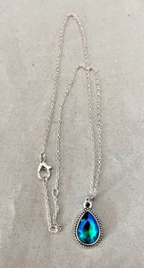 Silver Necklace w/ Blue Rhinestone Teardrop Pendant Handcrafted #162 - Picture 1 of 4