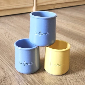 La Fermiere Cermer Terra Cotta Yogurt Pots Lot Of 3  Glazed Ceramic  Yellow Blue - Picture 1 of 12