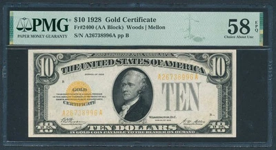 1928 $10 Gold Certificate Currency Cash Note PMG ALMOST UNCIRCULATED 58 EPQ - Image 1 of 3