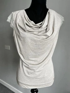 Escada Shimmer Gold Cowl Neck Cap Sleeve Lace Trim Top Blouse Metallic Small - Picture 1 of 12