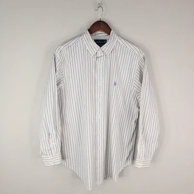 Camisa Ralph Lauren Para Hombre Grande Blanca Azul Amarillo Rayas Calce Clásico Con Botones Foto 1 de 4