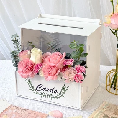 Wooden Wedding Card Box with Acrylic Board & Flower Trough White Gift Card Bo... - Image 1 of 4
