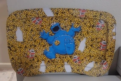 SESAME STREET COOKIE MONSTER MILK & COOKIES METAL STANDING FOOD TRAY NEW - Image 1 of 2