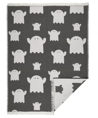 IKEA KUSTFYR Throw Blanket Halloween Flying Ghosts, Cotton, White Black, 51x67" - Image 1 of 4