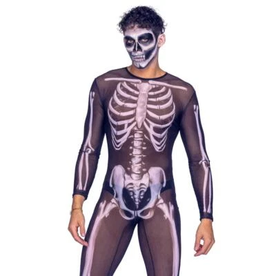 Sexy Disfraz Esqueleto Mono Transparente Estampado Hueso Cremallera Espalda Negro Blanco 6379 Foto 1 de 4