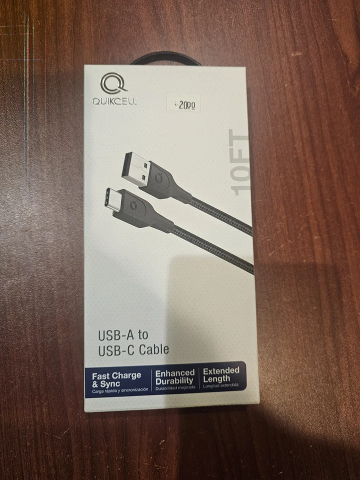 Quickcell 10ft USB-C to USB-A cable.  Black. NIB - Image 1 of 1