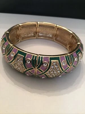 Vintage J. Brazalete Brazalete Elástico Crew Oro Verde/Rosa Esmalte...75” Ancho Foto 1 de 4