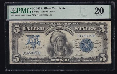 US 1899 $5 Chief Silver Certificate Note Vernon-Treat FR 273 PMG 20 VF (850) - Image 1 of 2