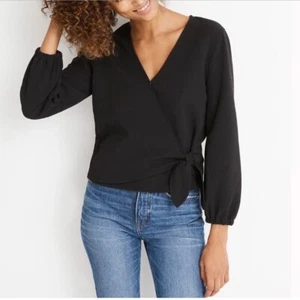 Madewell Texture & Thread Crepe Womens Black Long Sleeve VNeck Blouse Size Small - Picture 1 of 10