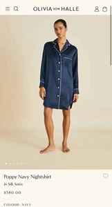 Camisa de Noche Olivia Von Halle Amapola Azul Marino Pequeña Nueva con Etiquetas $580 Blanca Seda - Imagen 1 de 8