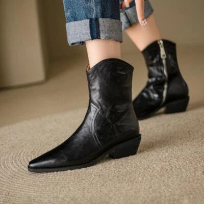 Mujeres Cuero Punta Cremallera Tacones Bajos Botines Informales Fiesta Retro Zapatos Talla Foto 1 de 4