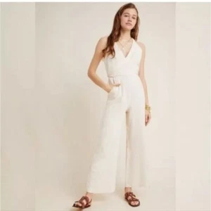 Anthropologie Aren Halter Jumpsuit Neutral Womens 4 Minimalist Textured Cotton - Picture 1 of 16