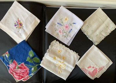 Vintage wedding Linen & Lace Handkerchiefs  Embroidered Flowers Lot of 6 - Image 1 of 4