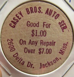 Vintage Casey Bros Auto Service Jackson, MS Wooden Nickel - Token Mississippi - Picture 1 of 2