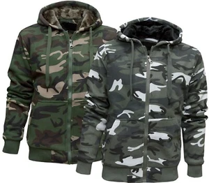 Mens Camouflage Hoodie Fur Lined Full Zip Army Camo Hooded Winter Jacket M - 3XL - Picture 1 of 5