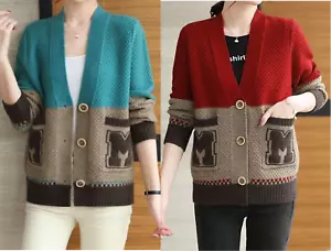 Women Open Front Knit Cardigan Button Down Sweater Long Sleeve Pocket Outwear - Picture 1 of 4