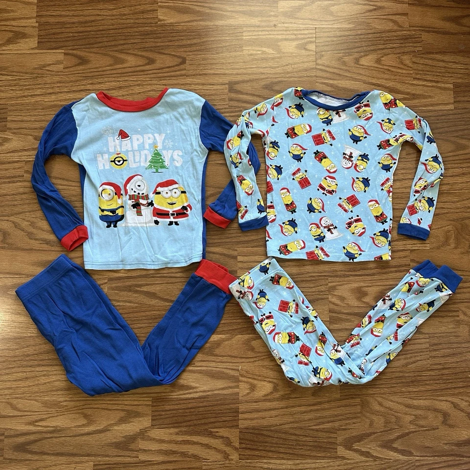 Conjunto de 4 pijamas de Navidad de algodón manga larga Minions talla 8 8A ¡USADO EN EXCELENTE ESTADO! Foto 1 de 4