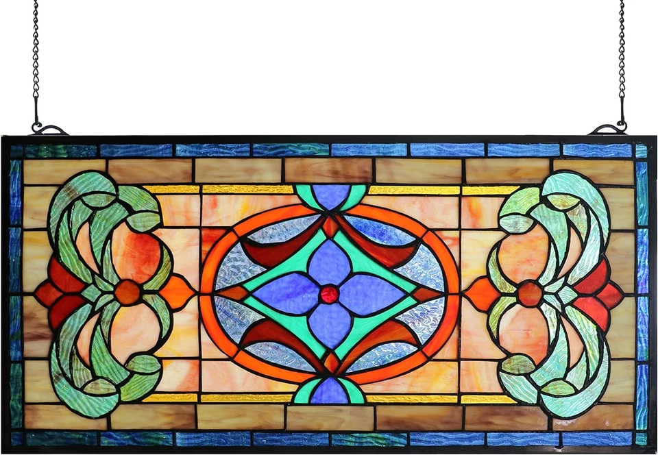Extra Large Horizontal Transom Window Stained Glass Window Panels Hanging 26" Wi - Image 1 of 4