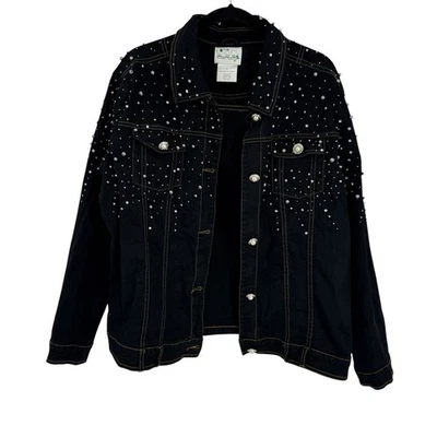 Quacker Factory Jean Jacket size Large Silver Pearl Embellished Dark Blue Denim - Image 1 of 4