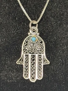 Ciondolo vintage in argento sterling e turchese floreale Hamsa a mano con collana 18" - Foto 1 di 7