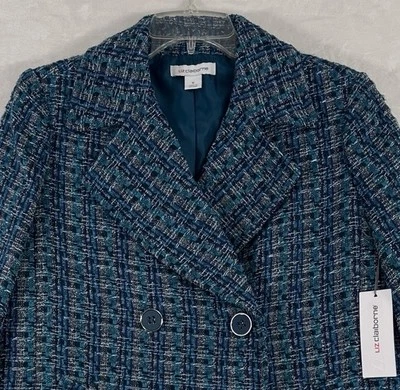 全新 Liz Claiborne Boucle Blazer 6 蓝蓝色粗花呢双排扣夹克 全新带标签 — 第 1/4 张图片