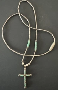 Vintage Halsband oder Kinder Zuni Nadelspitze Silber & Türkis Kreuz Halskette 14,75" - Bild 1 von 15