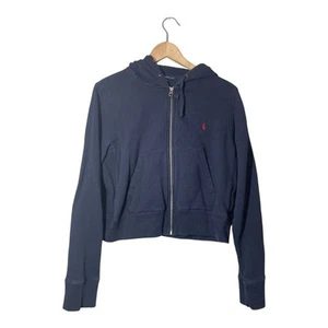 Ralph Lauren Sport Cropped Full Zip Sweatshirt Hoodie Navy Blue Pony Large - Picture 1 of 4