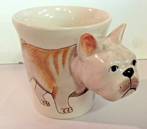 Vtg Porcelain Hand Painted Coffee Mug French Bulldog Dog Head Sculptural Relief - Picture 1 of 9