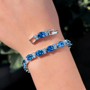Silver Plated CZ Blue Chain Link Oval Tennis Austrian Crystal Bracelet for Bride - Afbeelding 1 van 10