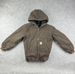 Carhartt Hooded Jacket Youth Med Chocolate Brown Full Zip Stained Grunge Quilted - Picture 1 of 17