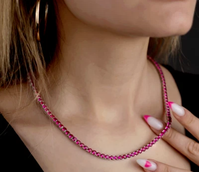 3MM Round Cut Lab Created Pink Ruby Tennis Necklace 18"Inch 14K White Gold Over - Image 1 of 4