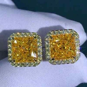 2Ct Asscher Cut Yellow Citrine Halo Christmas Stud Earring 14K White Gold Finish - Picture 1 of 1