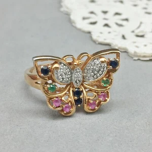 Butterfly Genuine Gemstone Ring Size 10 Diamond Ruby Sapphire Emerald Vermeil - Picture 1 of 7