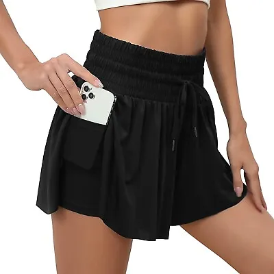 2 In 1 Running Shorts High Waisted，Women Athletic Shorts (Black,Size:S) • 17.88€
