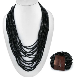 Black Indian Seed Bead Multi Strand Necklace and Bracelet Set NWT - Picture 1 of 2