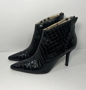 Burberry Booties Black Leather Croc Embossed Pointy Heels 38 Italy/8 US READ ALL - Picture 1 of 14