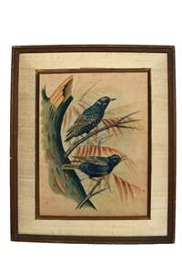 Vintage Bird Painting Hand-Painted on Fabric Framed Nature Scene Artwork Decorat - Picture 1 of 7
