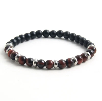 Bracciale elastico in pietra onice occhio di tigre acciaio inox braccialetto uom - Immagine 1 di 3